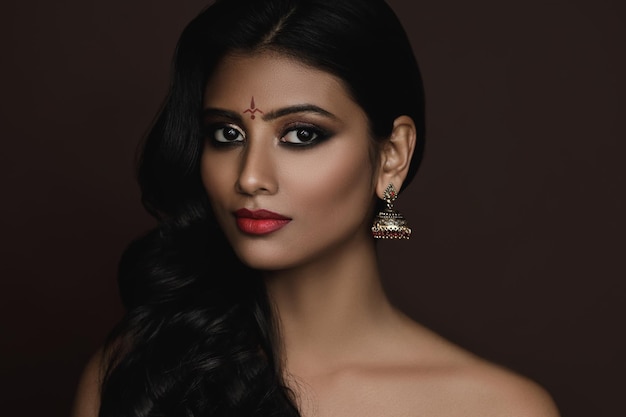 Portrait of Young Indian woman with beautiful makeup and hairstyle on brown background