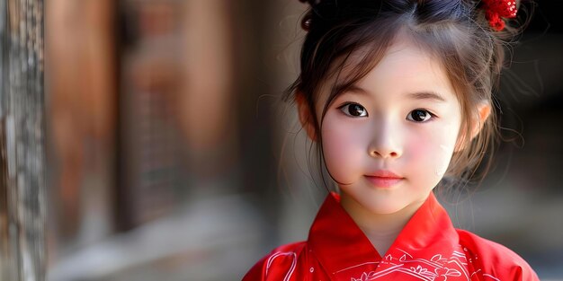 Portrait of a young Japanese girl in a red robe rendered realistically Concept Portrait Young Japanese Girl Red Robe Realistic Rendering