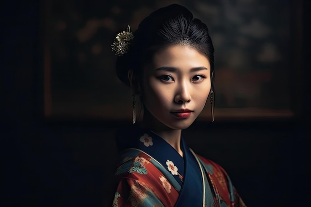 A portrait of a young Japanese woman in traditional attire The image highlights the subject's grace and beauty enhanced by the intricate details of her attire Generative AI