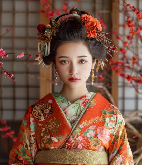 Portrait of a young Japanese woman in traditional kimono