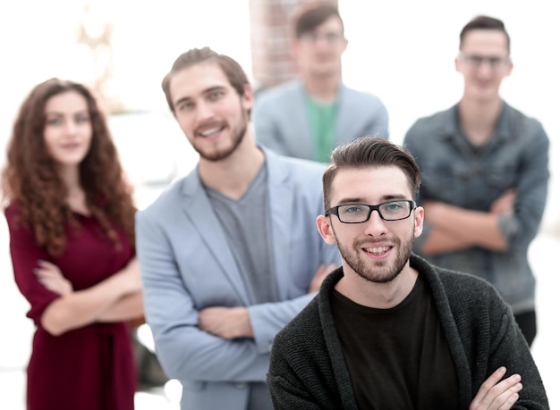 Portrait of a young journalist in the blurred background photo with copy space