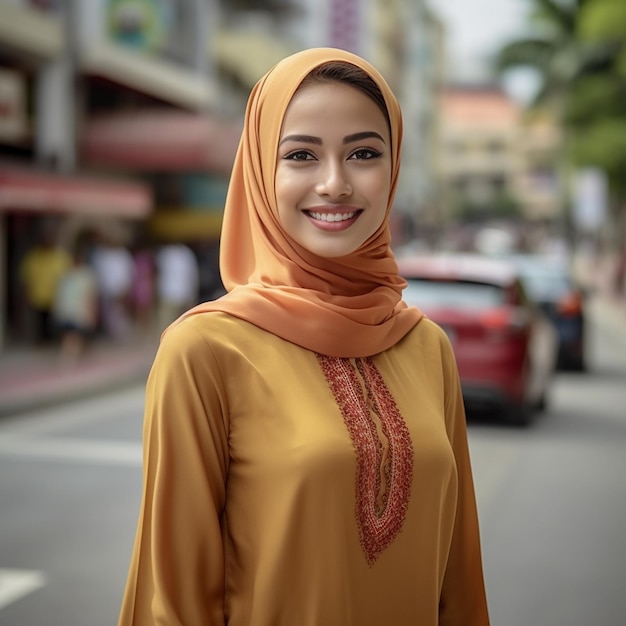 Portrait of young Malay woman wearing hijab outdoor Generative AI