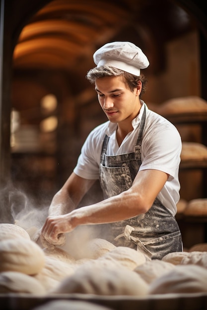 Photo portrait of young male baker smiling at camera while working in bakery