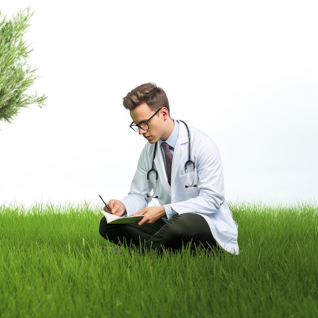 Portrait of a young male doctor sitting on the grass and holding a tablet