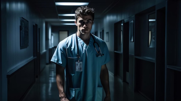 Portrait of a young male doctor with stethoscope in hospital corridor