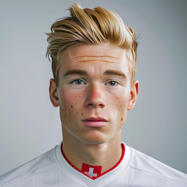 Portrait of a young male soccer player with freckles on his face