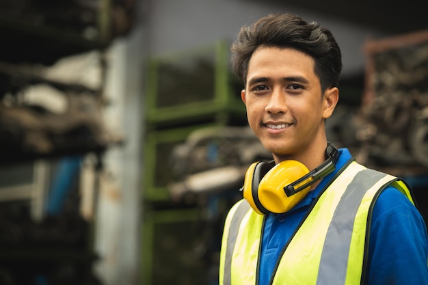 Portrait young male worker engineer working in heavy industry with safety happy smile looking camera