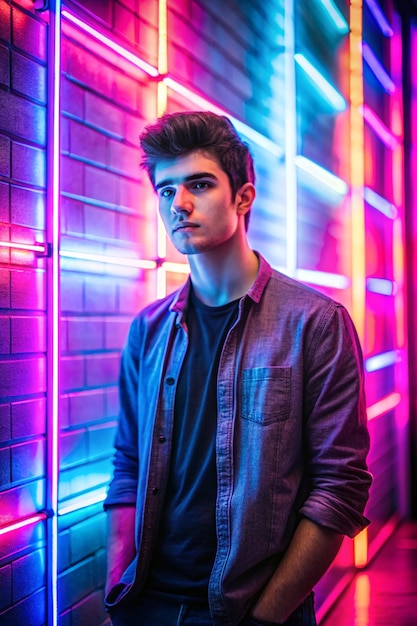 Portrait of young man against wall with neon lights