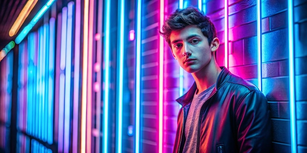 Portrait of young man against wall with neon lights