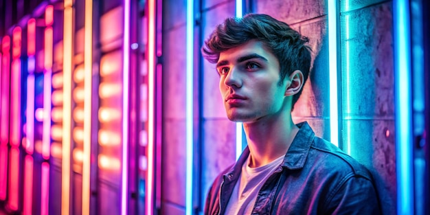 Portrait of young man against wall with neon lights