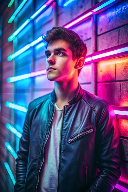 Portrait of young man against wall with neon lights