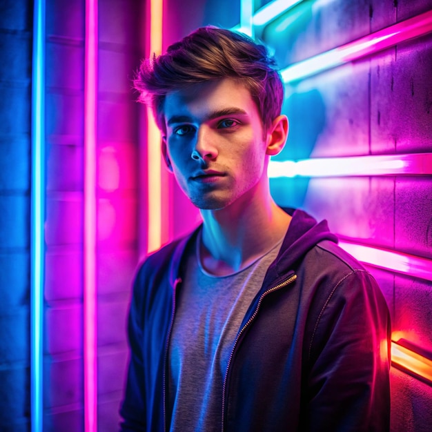 Portrait of young man against wall with neon lights