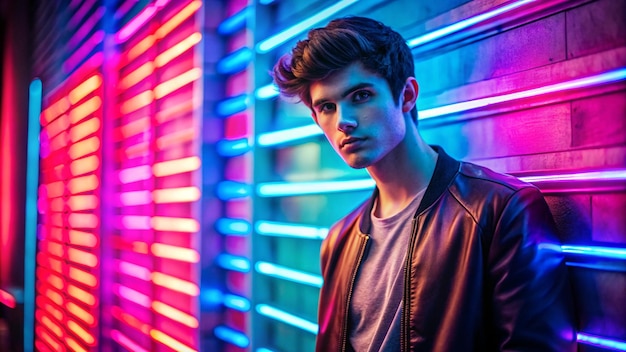 Portrait of young man against wall with neon lights