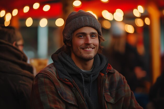 Portrait of a young man in a beanie and flannel shirt smiling