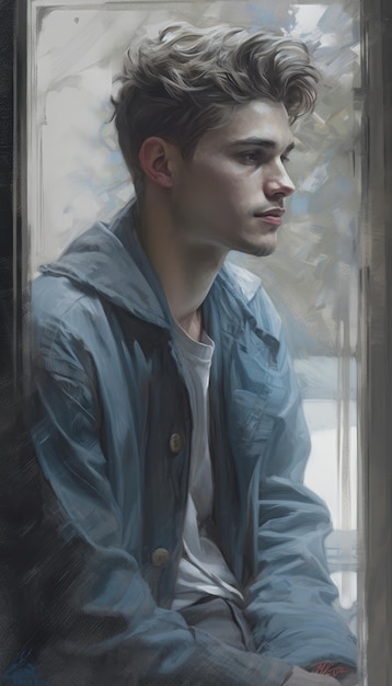 A portrait of a young man in a blue jacket looks out a window.