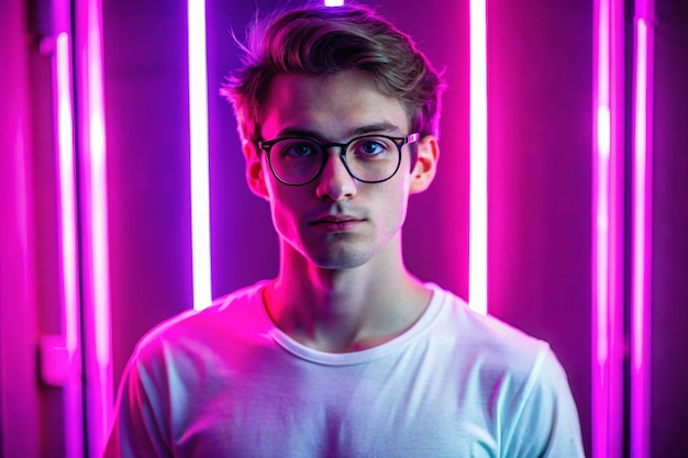 Portrait of young man in casual white tshirt and glasses posing looking at camera against pink background in neon light Concept of human emotions facial expression lifestyle