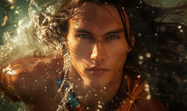 portrait of a young man in clothes with the energy of water spirits