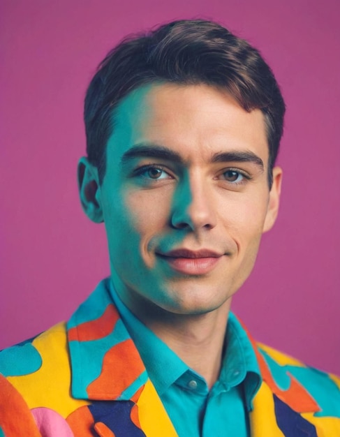 Portrait of a young man in a colorful jacket against a pink background