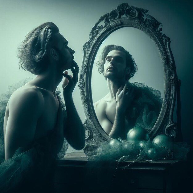 Portrait of a young man looking at his reflection in a mirror