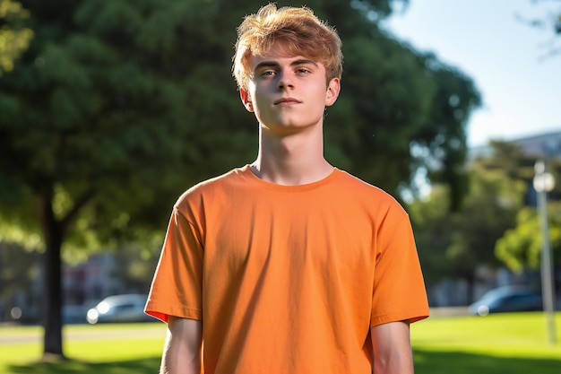 Photo portrait of young man in orange tshirt standing in park