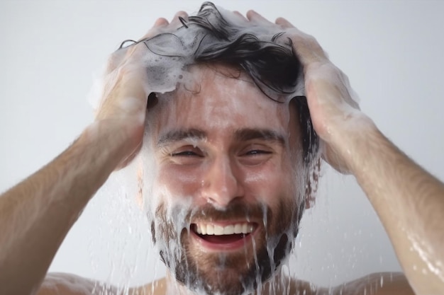 Portrait of young man in a shower washing his hair with shampoo