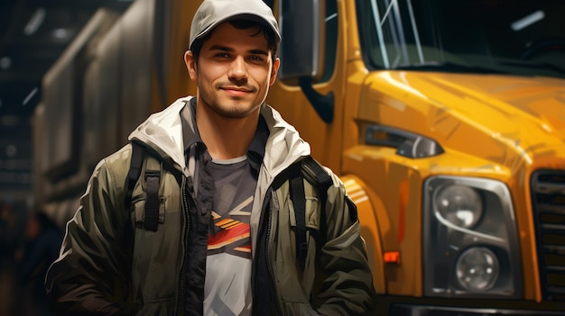 Portrait of young man standing by his truck Professional truck driver standing by semi truck vehicle