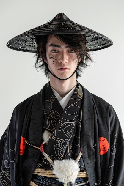 Photo portrait of a young man in traditional japanese samurai attire