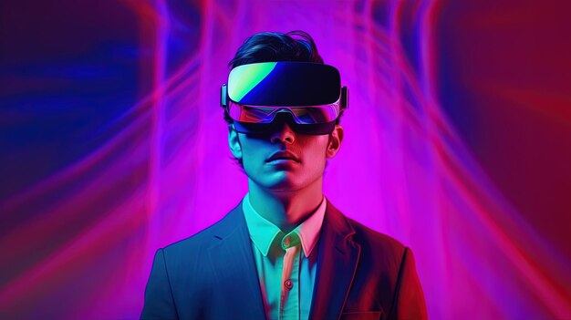 Portrait of a young man wearing virtual reality goggles against colourful background