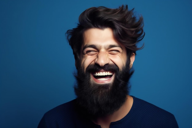 Portrait of a young man with a beard on a blue background