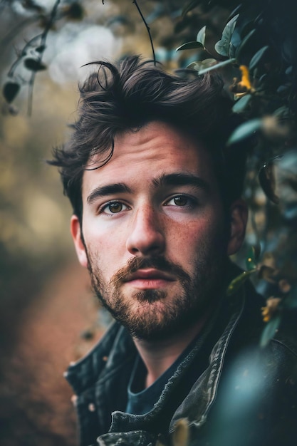 Portrait of a young man with a beard and mustache in the autumn forest