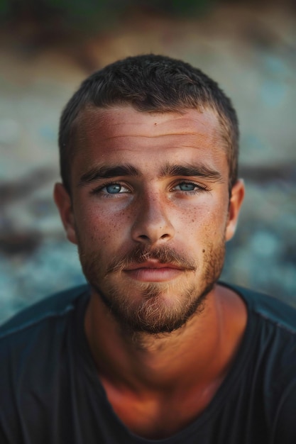 Portrait of a young man with a beard and mustache on the nature