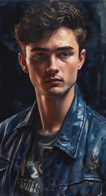 A portrait of a young man with a blue leather jacket.