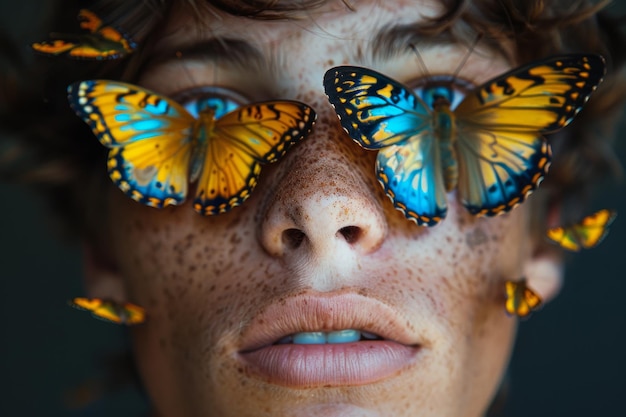 Photo portrait of a young man with blue and yellow butterflies on his face