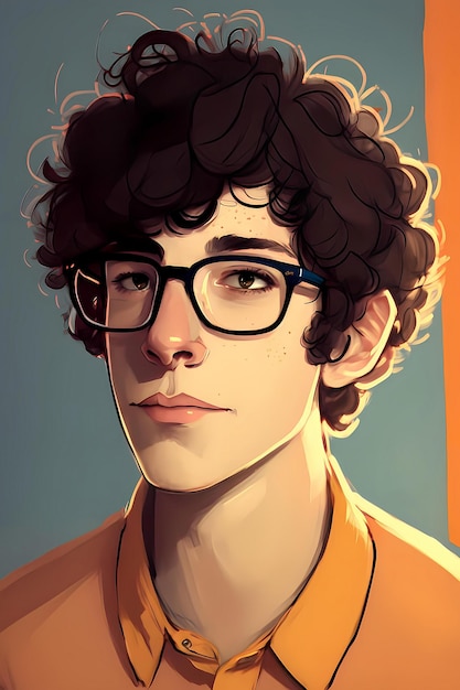 A portrait of a young man with curly hair and glasses.