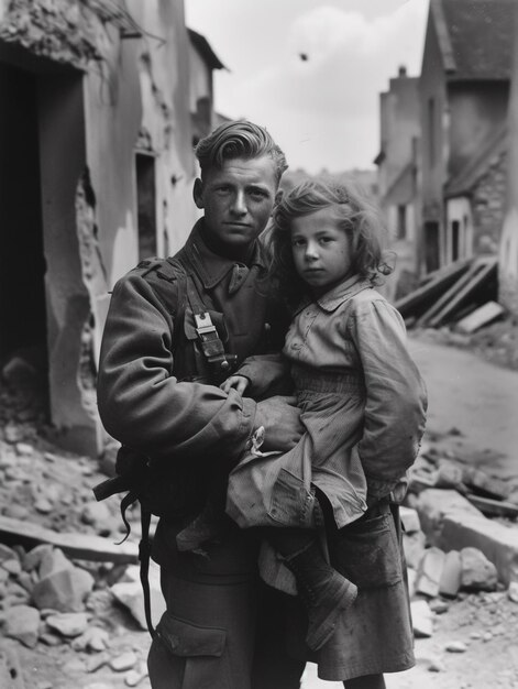 Portrait of a young man with a girl in his arms in a military uniform