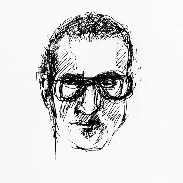 Portrait of young man with glasses Drawing by hand with black ink on paper Black and white artwork