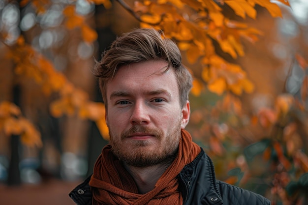 Photo portrait of a young man with glasses standing outdoors in autumn surrounded by colorful leaves