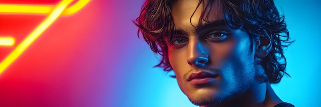 portrait of a young man with intense gaze and neon lights in background