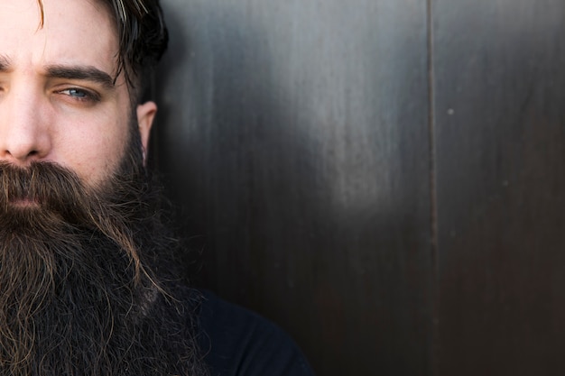 Portrait of a young man with long beard looking at camera