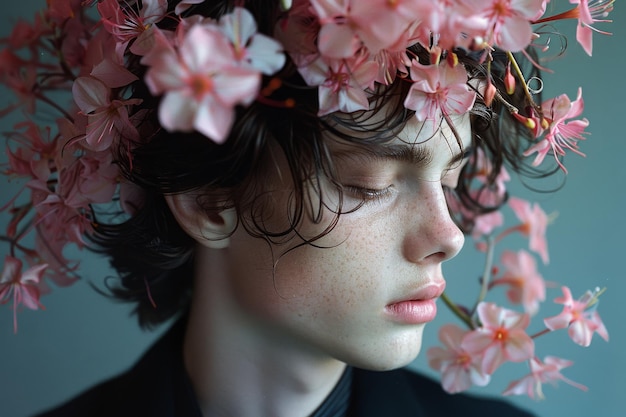 Portrait of a young man with pink flowers in hair displaying serene calmness