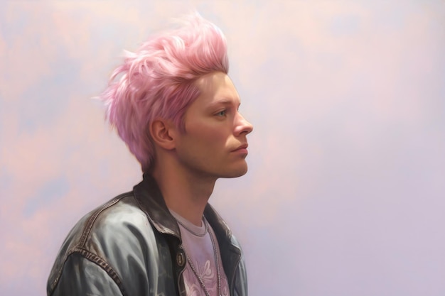 Portrait of a young man with pink hair on a background of smoke