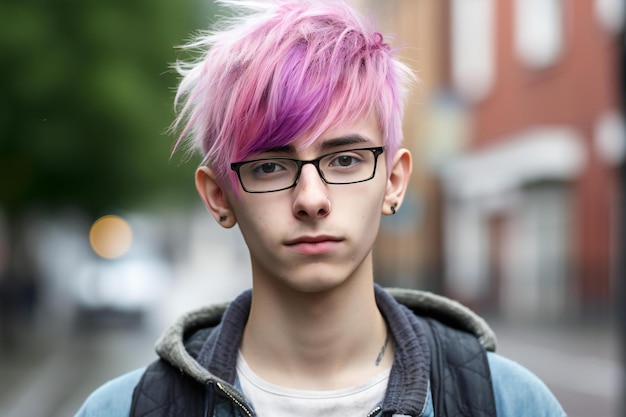 Portrait of a young man with pink hair in the city