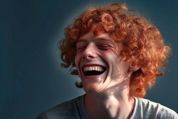 Portrait of a young man with red curly hair laughing against blue background