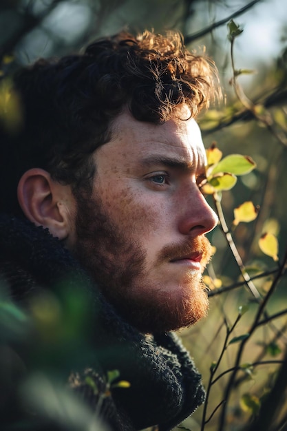 Portrait of a young man with red hair in the forest