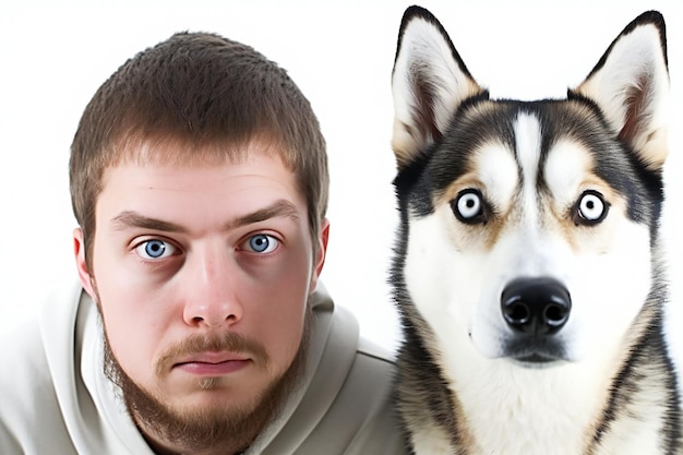 Portrait of young man with siberian husky on white background