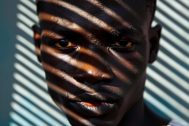 Portrait of a young man with striking shadow patterns on his skin