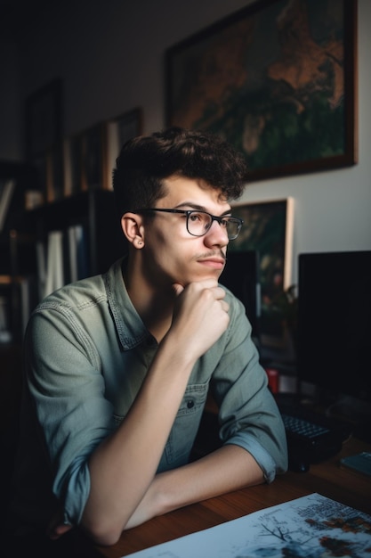 Portrait of a young man working on a graphic design project at home created with generative ai