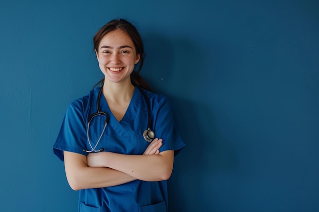 Photo a portrait of young medical assistant with stethoscope on color background space for text