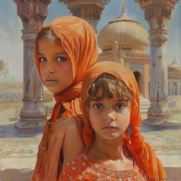 Portrait of young muslim children in the background is an mosque and square they wear traditional cl