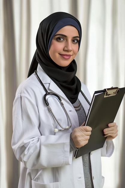 Portrait of a young Muslim woman doctor standing in the hall of the hospital dressed in a hijab